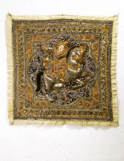 Antique burmese Kalaga panel with Man on horse. Beginning 20th century.