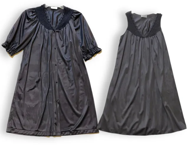 Vintage Vanity Fair Nightgown Robe Peignoir Set size Small Gray Silky Lace