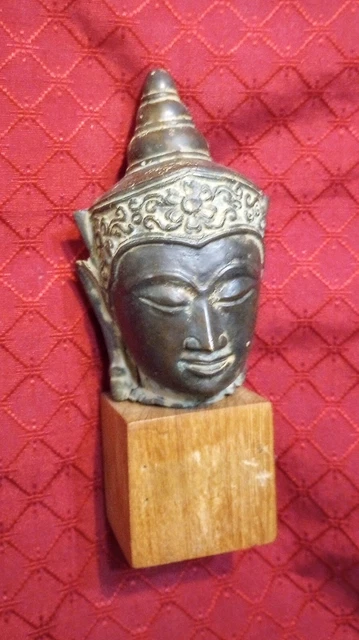 Vtg Cast Bronze Ayutthaya Style Thai  Buddha Bust Head W/ Wooden Mount - 17Cm  