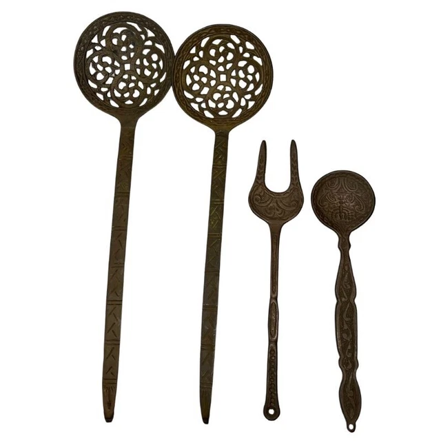 Juego de 4 espátulas grandes de colección tenedor de ensalada latón adornado