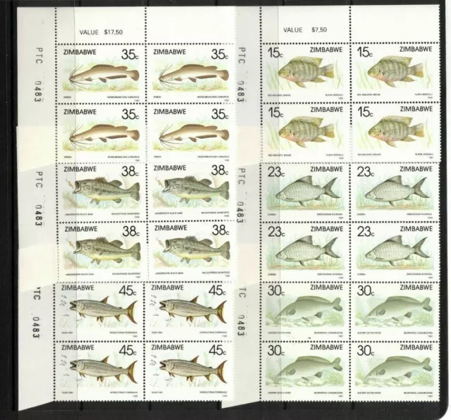 1989 Zimbabwe Fish Stamps SG 756/61 Set of 6 in Block 4 MUH