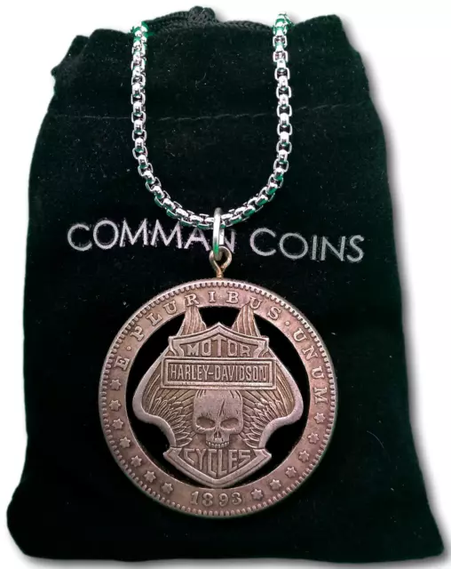 Hobo Cut Coin Necklace Harley Davidson Motorcycle Biker Skull Jewelry Art Dollar