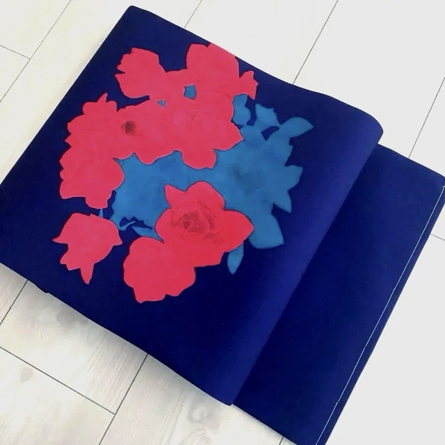 Japanese Obi Blue Flower Silk Women 330cm Kimono Antique