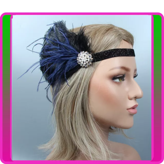 1920s Headband Blue Feather Bridal Great Gatsby 20s Flapper Headpiece Gangster