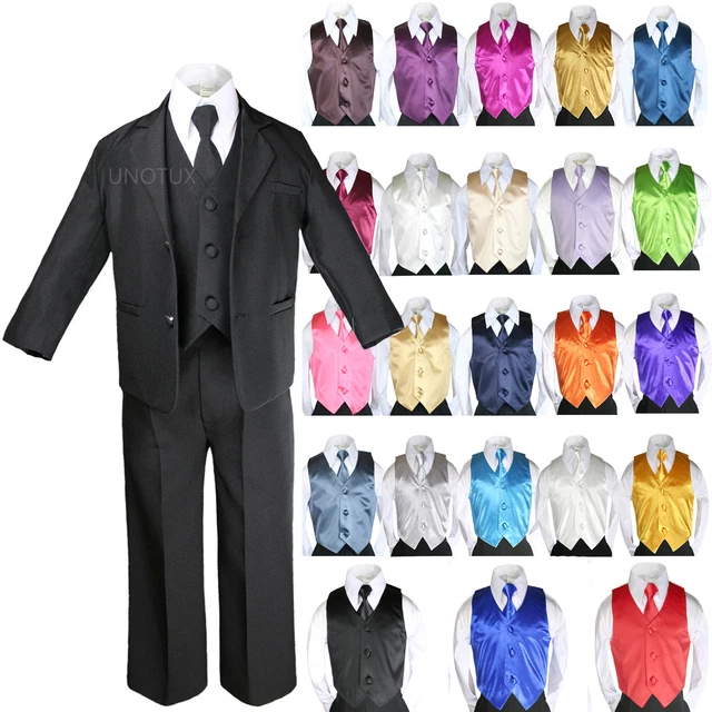 Teen Boys Formal Party Black 7pc Suits Set Extra Color Vest Tie Outfits 4T to 20