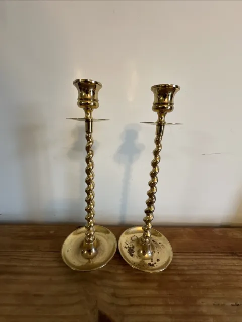 Pair Vintage Baldwin Brass Barley Twist Spiral Candlestick Holders