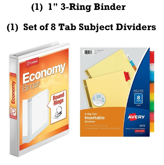 CARDINAL 3RING BINDERS, 1", Holds 225 Sheets & Avery 8 Tab Binder