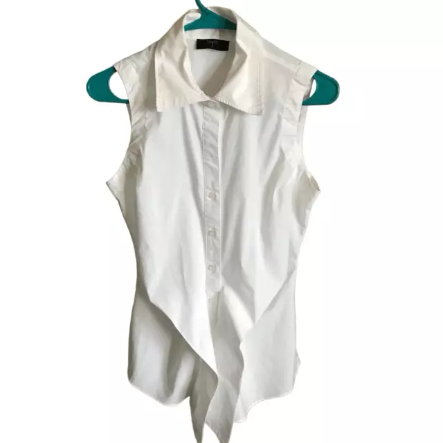 Tahari white blouse shirt top sleeveless Size M ties in front button down (ik)