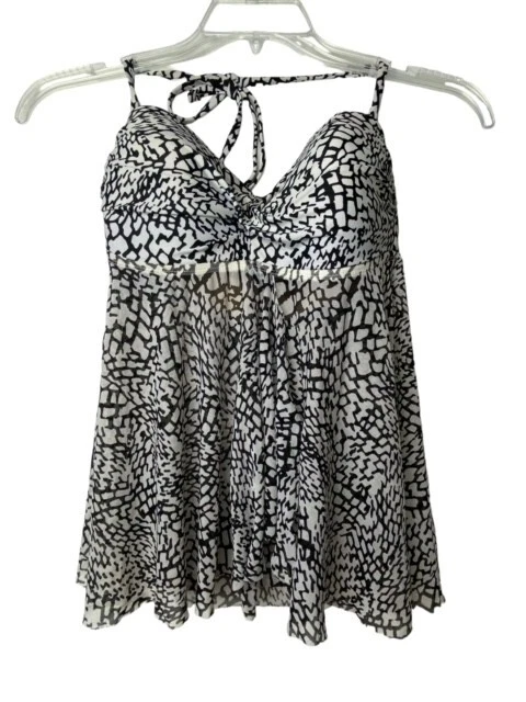 Merona Tankini Top MEDIUM Black & White Flowy Tie Back Swimwear