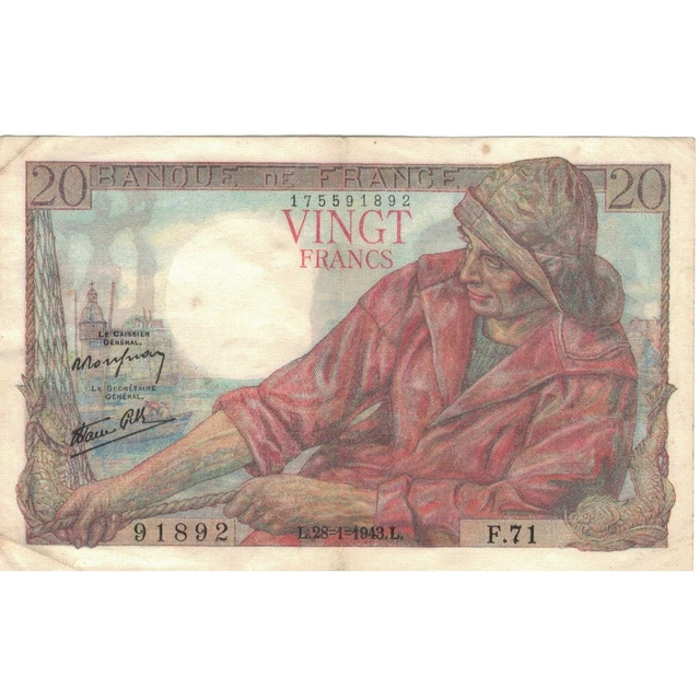 [#809598] France, 20 Francs, Pêcheur, 1943, 91892 F.71, EF, Fayette:13.05, KM:10