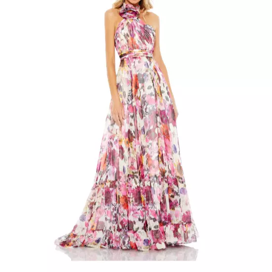 Mac Duggal Ruffled Halter Floral Gown in White Multi - Women's Size 8 (68108)