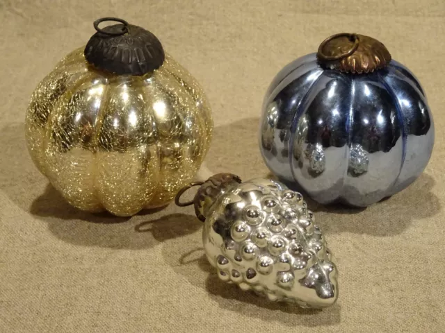 Lot de 3 boules de noël en verre églomisé bord côtelé  grappe de raisin