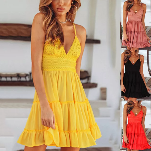 Women Boho V-Neck Lace Mini Dress Ladies Casual Holiday Summer Beach Sundress ✯