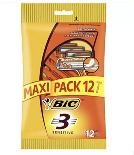 MAXI PACK 12 Bic 3 Sensitive Triple Lame Rasoio Usa e getta da Uomo + Aloe