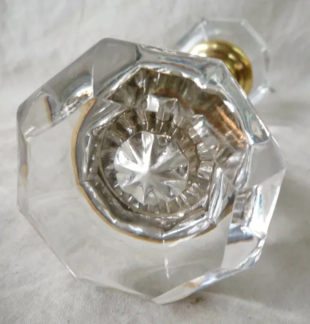 Crystal Glass Door Knobs Antique 8 point w/brass  2 3/8" dia (PER Pair/ SET)