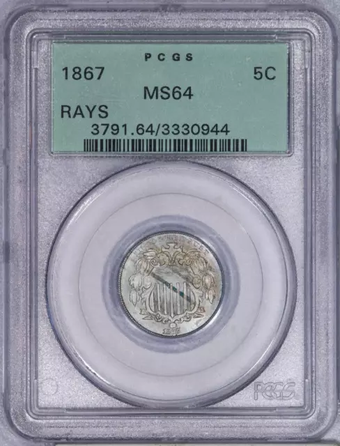 1867 Shield Nickel 5c PCGS MS64 OGH Old Green Holder - Rays