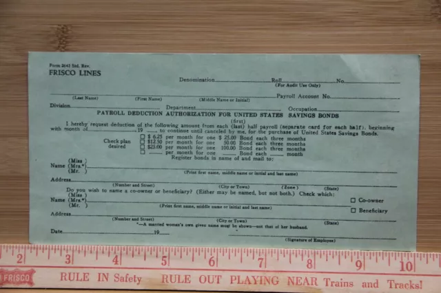 Frisco Lines Railroad Railway Vintage FORM 2643 Payroll Deduction Authorization