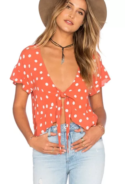 Tularosa Winnie Polka Dot Short Ruffle Sleeve Tie Front Blouse Orange Women's M