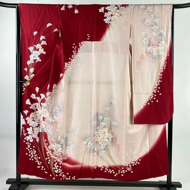 Japanese Kimono Furisode Pure Silk Yamato Flower Building Silver Thread Red