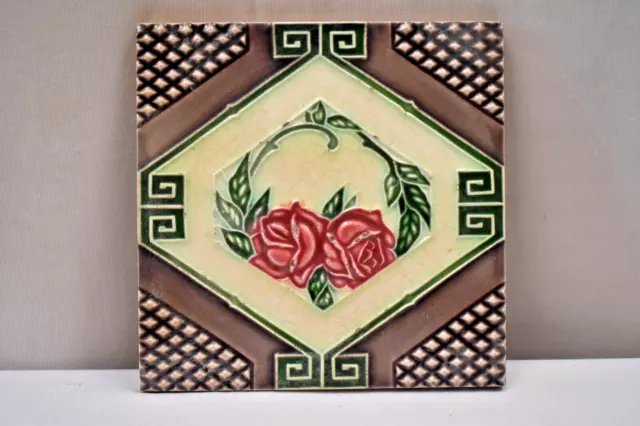 Antique Tile Japan Majolica Art Nouveau Ceramic Two Rose Flower Design Rare"S147