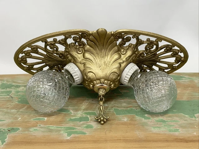 Antique Vtg Art Deco Victorian Flush Mount Ceiling or Wall Fixture 2 Bulb Vanity 10
