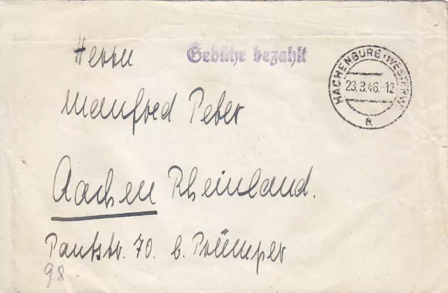 F.Zone - HACHENBURG  (WESTERW)  - Gebühr bezahlt - Brief - 1946