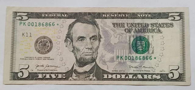 2017A STAR NOTE $5 Dollar Bill Repeater LOW SERIAL NUMBER PK00186866*