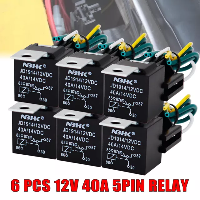 6 Pack Relay 5 Pin With Harness Socket 40Amp Flame Retardant Wire Automotive 12V