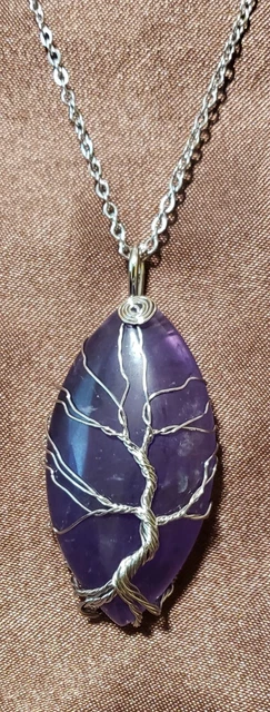 PENDANT, Oval 2"L TREE OF LIFE, AMETHYST gem, Handcrafted, Silver, and 20" Chain