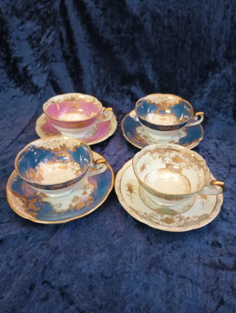 Gorgeous  Set Of Four Footed Cups With Saucers Hand Painted Meito