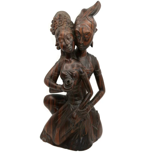 Art Sanur, Bali Artist Gatra Hand Carved Lovers Wood Incense Sculpture, 17 1/2"