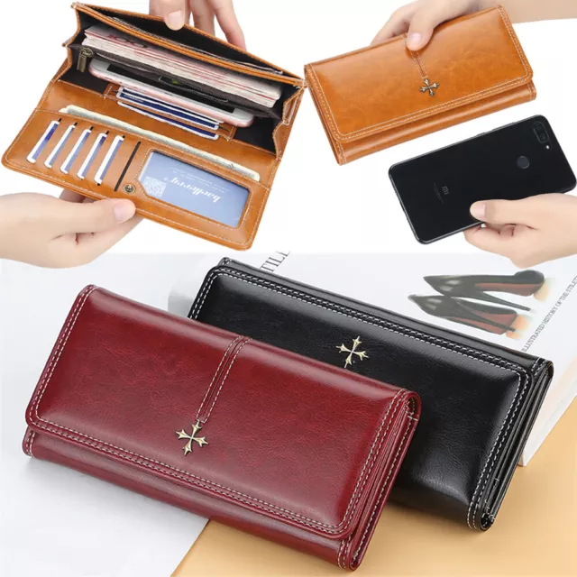 Soild Oil Wax Leather Womens Bifold Wallet Credit Phone Card Holders Handbag