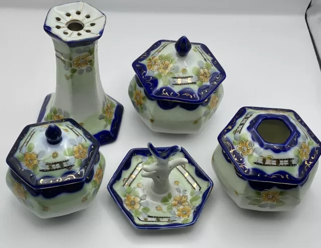 Japanese Hand Painted China Dressing Vanity Table Set 5 items + lids