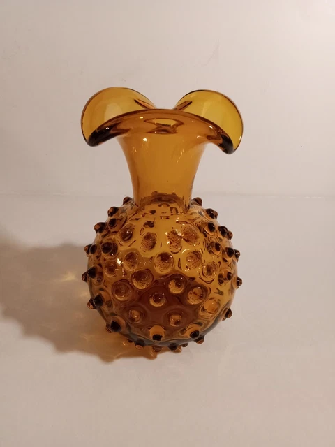 Empoli Italy Art Glass Seed Pod Hobnail Vase Dark Honey Amber MCM