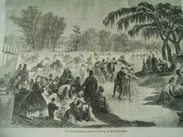 Gravure 1865 - Le Club des patineurs sur le petit lac du bois de boulogne