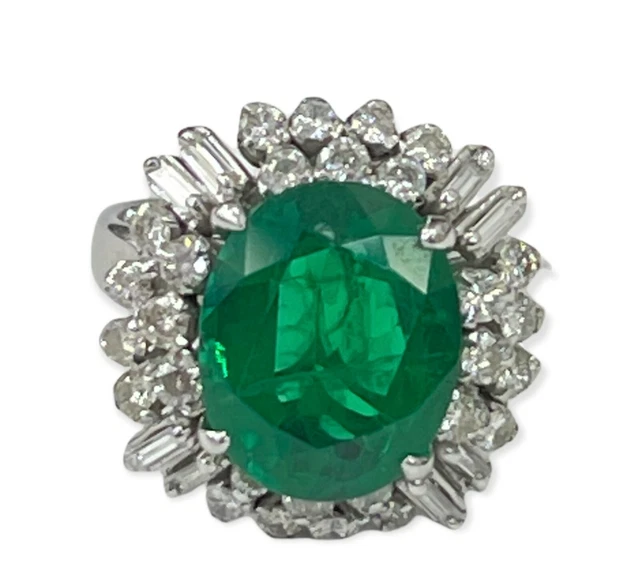 Colombian Emerald Gem Oval Solitaire Cluster Diamond Ring White Gold 14kt