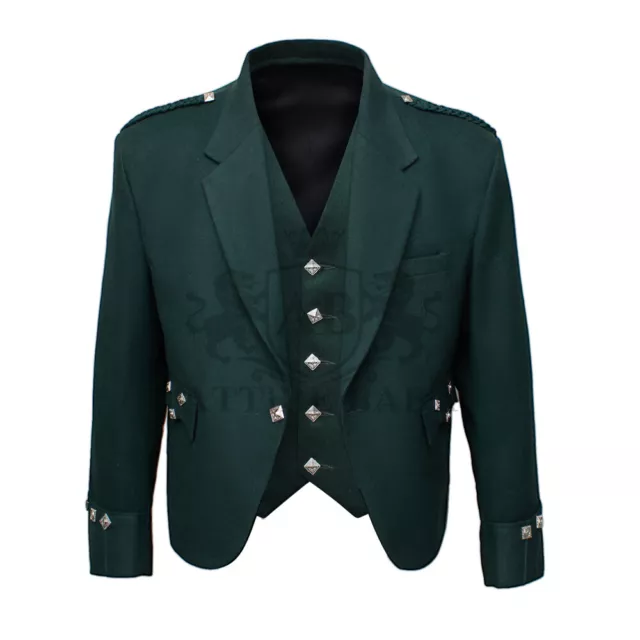 Scottish Green Argyle Kilt Jacket With Vest 100% Blazer Wool Irish Argyll Jacket
