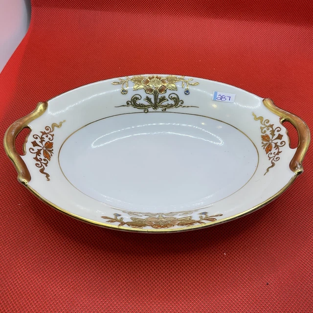 Noritake 42200 7" Oval Trinket Candy Dish Gold Hand Gilded Moriage Red Floral