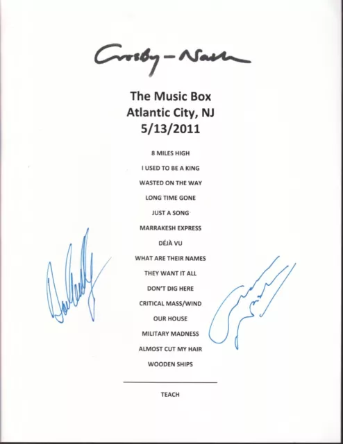David Crosby & Graham Nash REAL hand SIGNED 8.5x11" Concert Set List COA #2