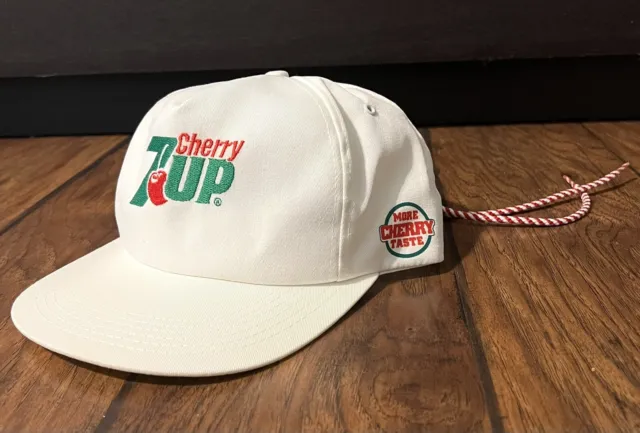 Vintage K Products Cherry 7UP Trucker Hat Cap Draw Cord String EUC Adjustable