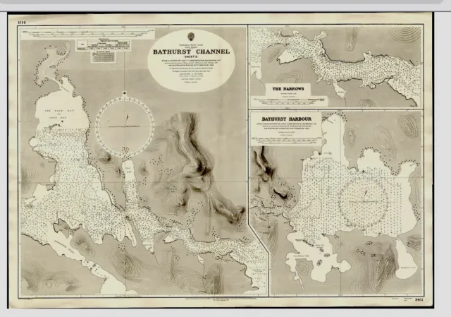 VINTAGE ADMIRALTY CHART. No.3411. BATHURST CHANNEL. TASMANIA. 1928 Edition.