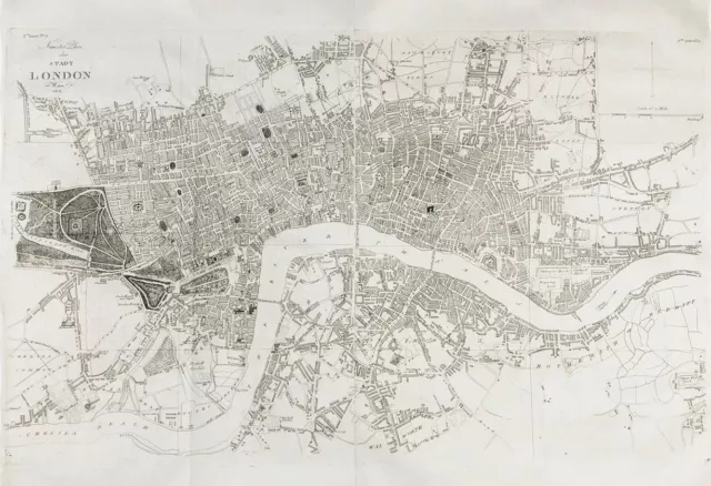 Londres UK Gran Bretaña Mapa de la Ciudad Plan Grabado 1814
