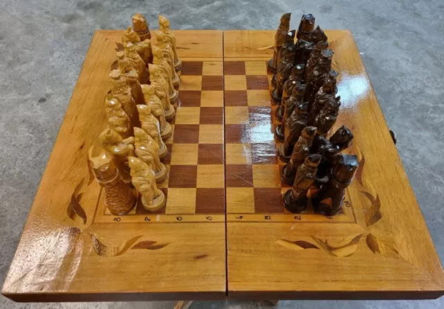Large Vintage Hand Carved Wooden Russian? USSR? Chess Set In Case
