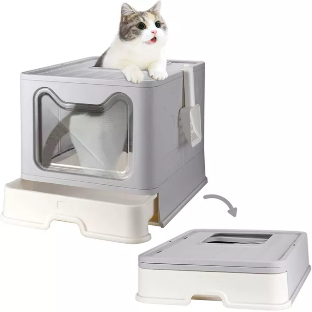 Large Folding Cat Litter Box Enclosed Cat Kitty Potty with Pull Out Tray Drawer