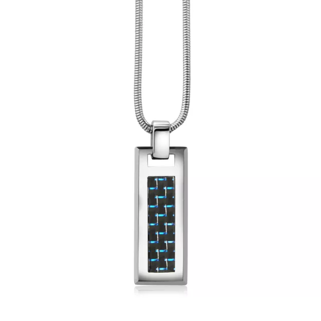 New Men Tungsten Pendant - Black & Blue Carbon Fiber Pendant on 2mm Snake Chain