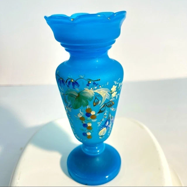 VINTAGE BLUE SCALLOPED Bristol Victorian Era Vase Hand Blown, Painted