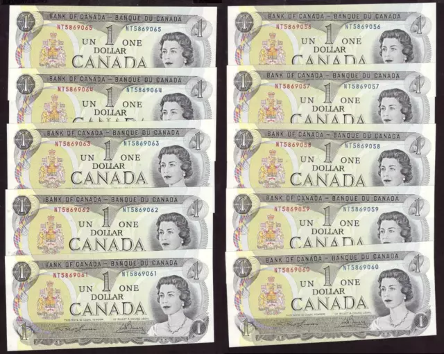10x 1973 Canada $1 banknotes Miscut consecutive errors NT5869056-65 UNC+