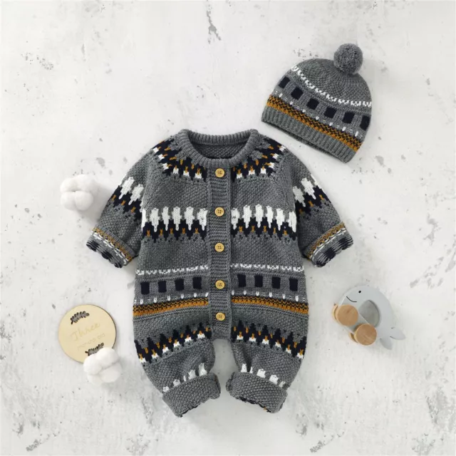 Baby Infant Sweater Jumpsuit Girls Boys Knitted Romper Outfits Bobble Beanie Hat