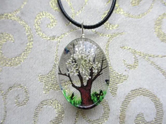 Tree Of Life Butterfly Dried Flower Glass Necklace Pendant. White 30Mm