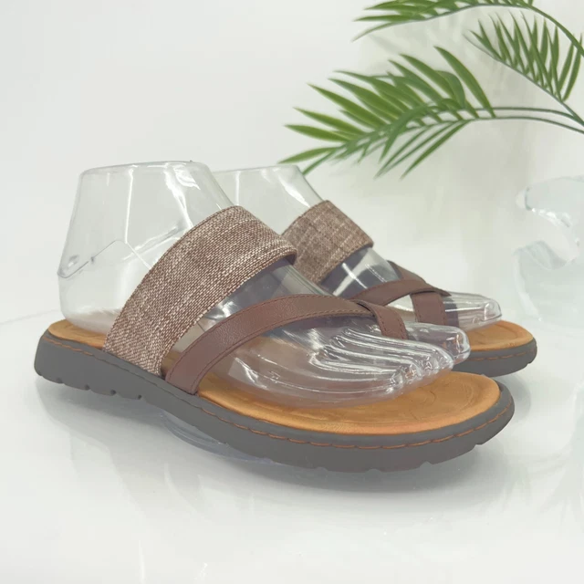 Born Women's Sandal Size 6 Brown Fabric Leather Thong Slide Flip Flop Strappy 2